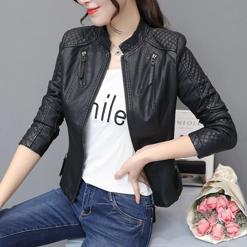 Женская байкерская куртка из искусственной кожи Повседневная тонкая мягкая