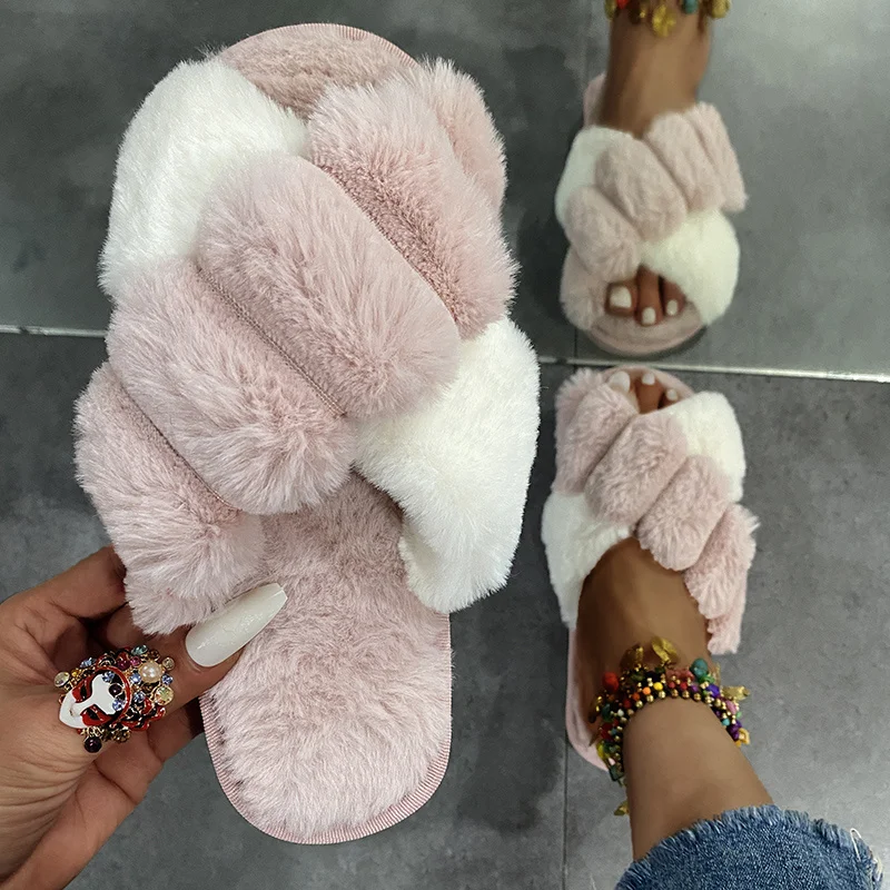 

Winter Women Faux Fur Slippers Warm Fluffy Furry Cross Strap Home Indoor Shoes Footwear Cozy House Non Slip Mix Color Whosale