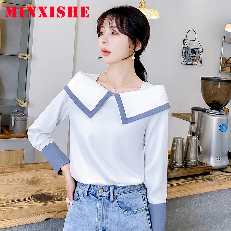 2019 женские блузки с длинным рукавом шифоновые синие черные однотонные рубашки