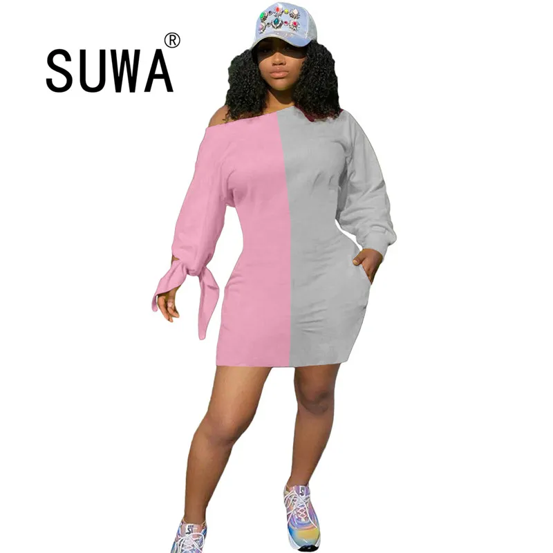 

Spring Autumn 2 Color Patchwork Women Mini Dress O Neck Long Sleeve Fashion Classic Party Clubwear Wholesale Clothing