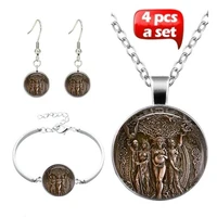 4pcsset new fashion handmade glass triple moon goddess wiccan pendant choker necklace bracelet earrings for women accessories