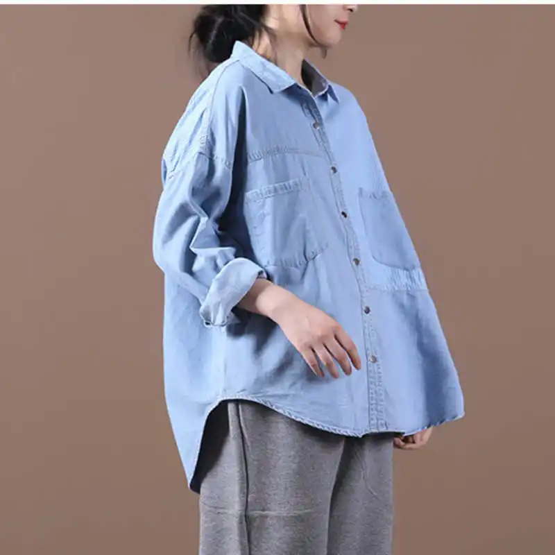 

IEQJ Loose Large Stripe Splicing Long Sleeve Lapel Collar Single Breasted Pockte Denim Shirt For Women Casual 2021 Spring GD396