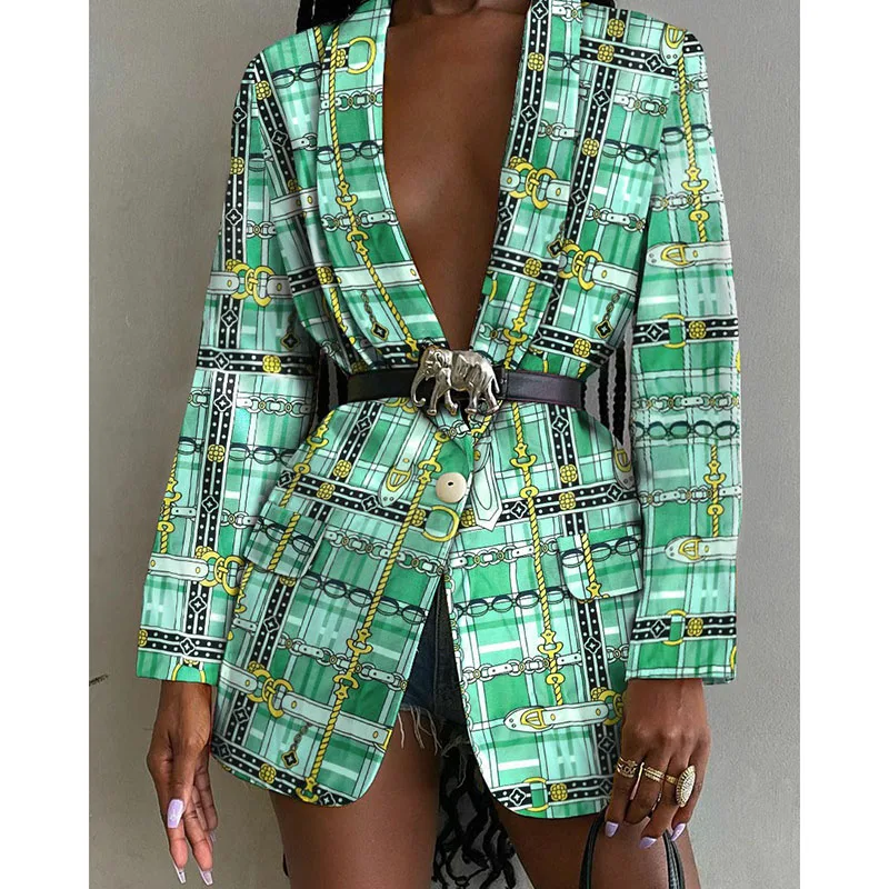 

2021 Fall Fashion Print Lapel Button Cardigan Blazer Blazer Fashion Women's Casual Single-breasted Belt Suit New Jacket Style