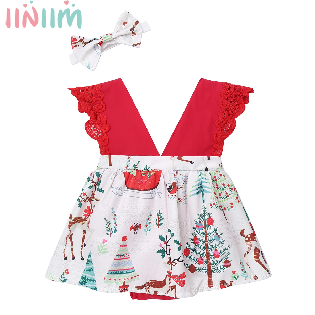 

2Pcs Infant Baby Girls Christmas Clothing Newborn Baby Girls Flying Sleeve Lace Romper Dress Xmas V Neck Outfits with Headband