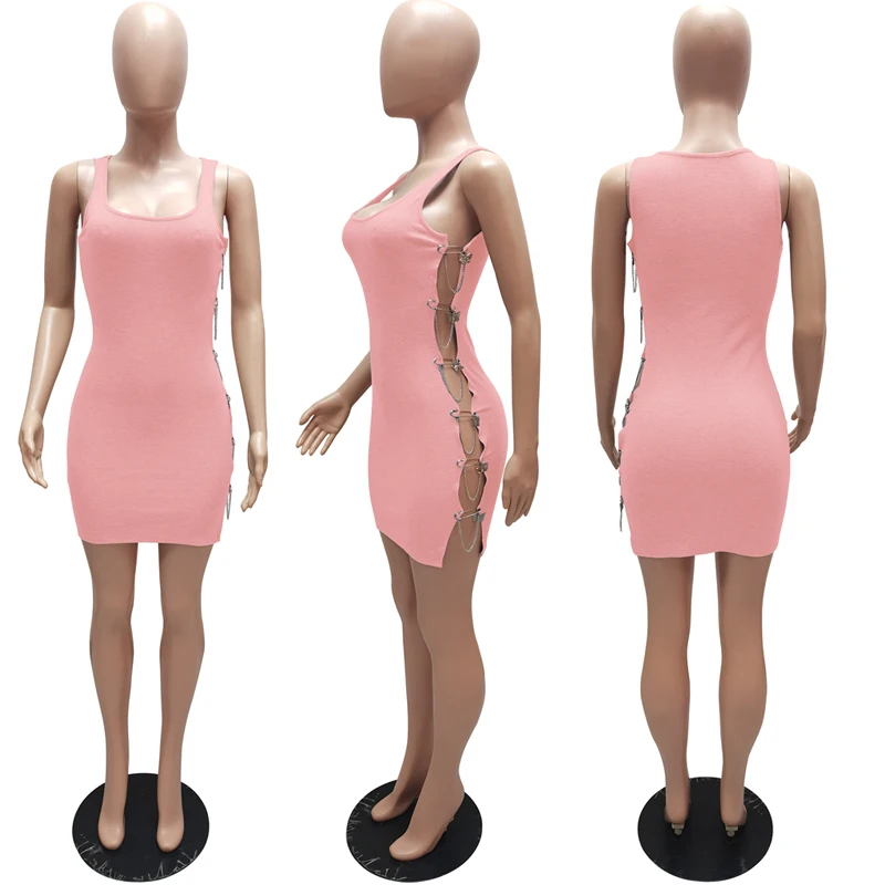 

Sexy Side Metal Butterfly Chain Hollow Night Party Dress Club Birthday Outfits for Women Rib Knit Bodycon Mini Dresses