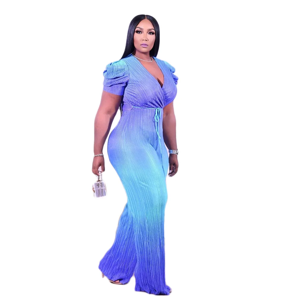 

2021 Autumn Women Pants Jumpsuits V-Neck Slimming Waist Puff Sleeves Gradient Ramp Wide Leg Pants Sexy Lady Night Club Party