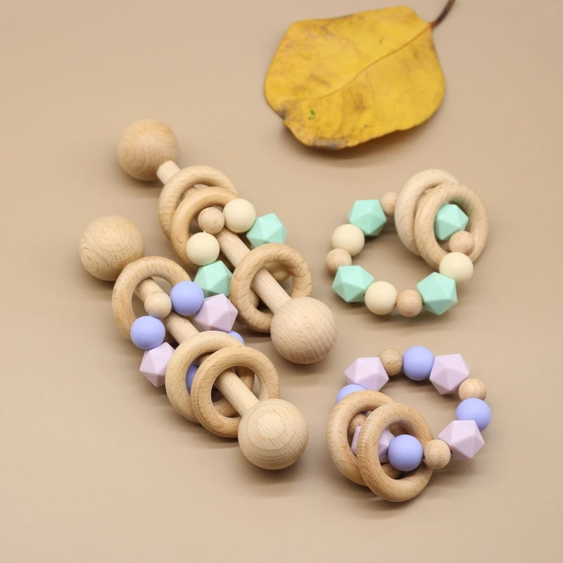 

Baby Beech Teether Bell Rattle Silicone Beads Wooden Ring Soother Molar Toddler Teething Nursing Toy Shower Gifts