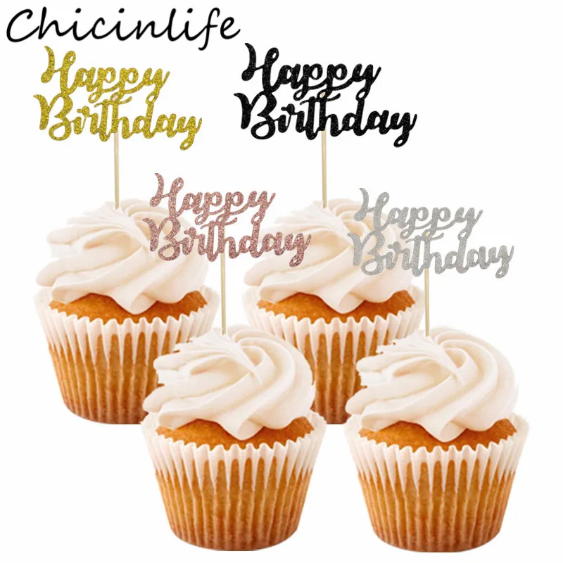 Chicinlife 10 шт. золотые топперы для кексов с днем рождения, празднование дня рождения, вечеринка для детей, для взрослых, юбилей, торты