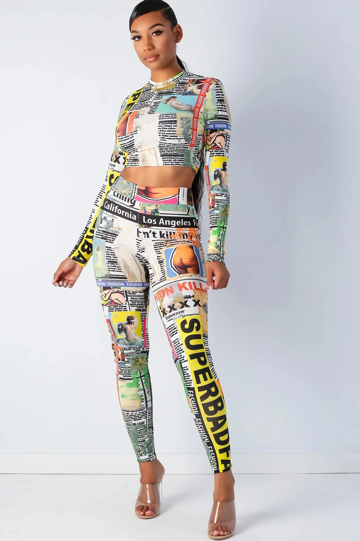 

new fashion newspaper long sleeves 2 pieces suit sexy women casual suit