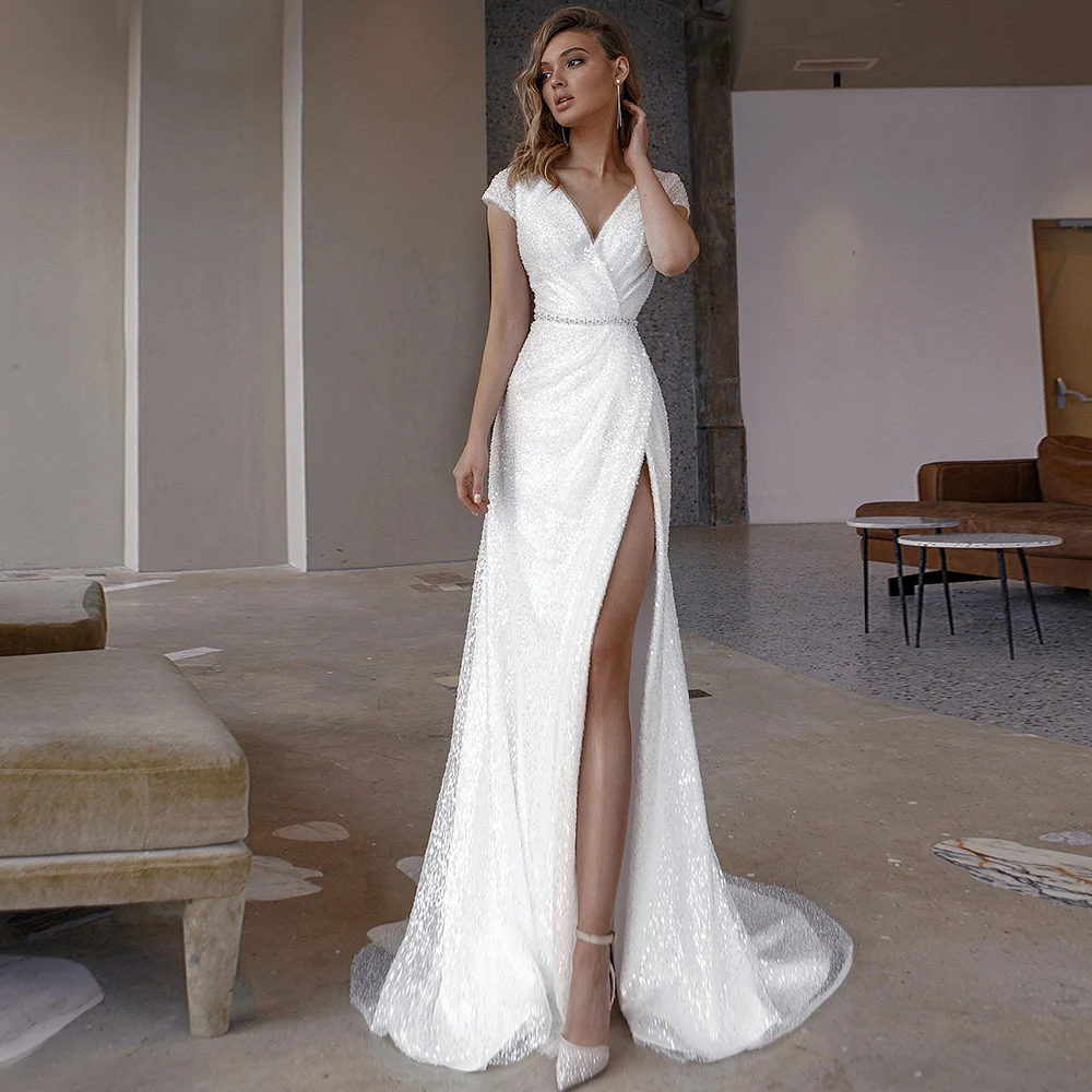 

Sexy Lace Mermaid Wedding Dress Romantic 202 Side Slit V-neck Short Sleeve Court Train Backless Bridal Gowns Vestidos De Novia