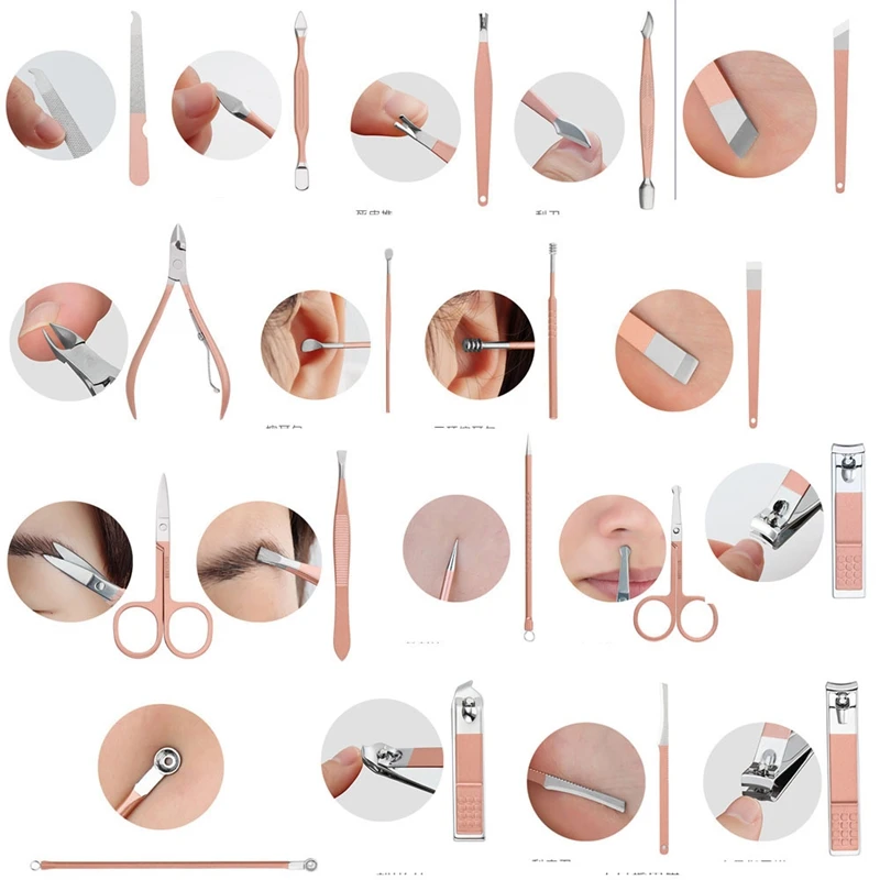 18 шт./компл. набор инструментов для дизайна ногтей из нержавеющей стали с розовым