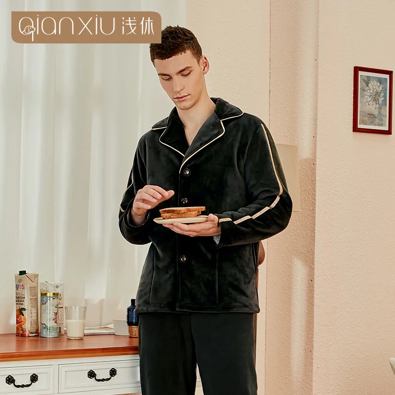 Зимняя мужская пижама Фланелевая коралловый флис Толстая Повседневная Простая