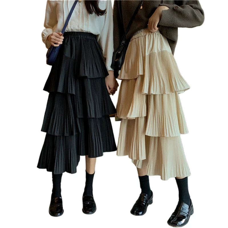 

Long Skirts Womens Summer Casual Asymmetric Pleated Cake Skirt High Waist Ruffle Tiered Tulle Solid Fashion Women Skirt YT50219