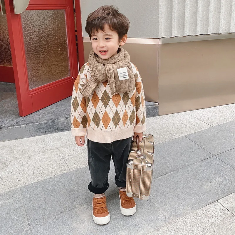 Su&eacute;ter de oto&ntilde;o para ni&ntilde;os y ni&ntilde;as, Jersey de punto con dibujos de pato, oso, rat&oacute;n y cuadros, ropa informal, E2600, novedad de 2021-1