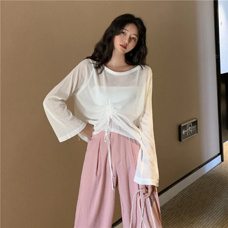 

Pink Plus Size Drawstring T Shirts Spring Fall Brand Women Tshirt Sunscreen Perspective Long Sleeve Tops Camisetas Mujer Tees