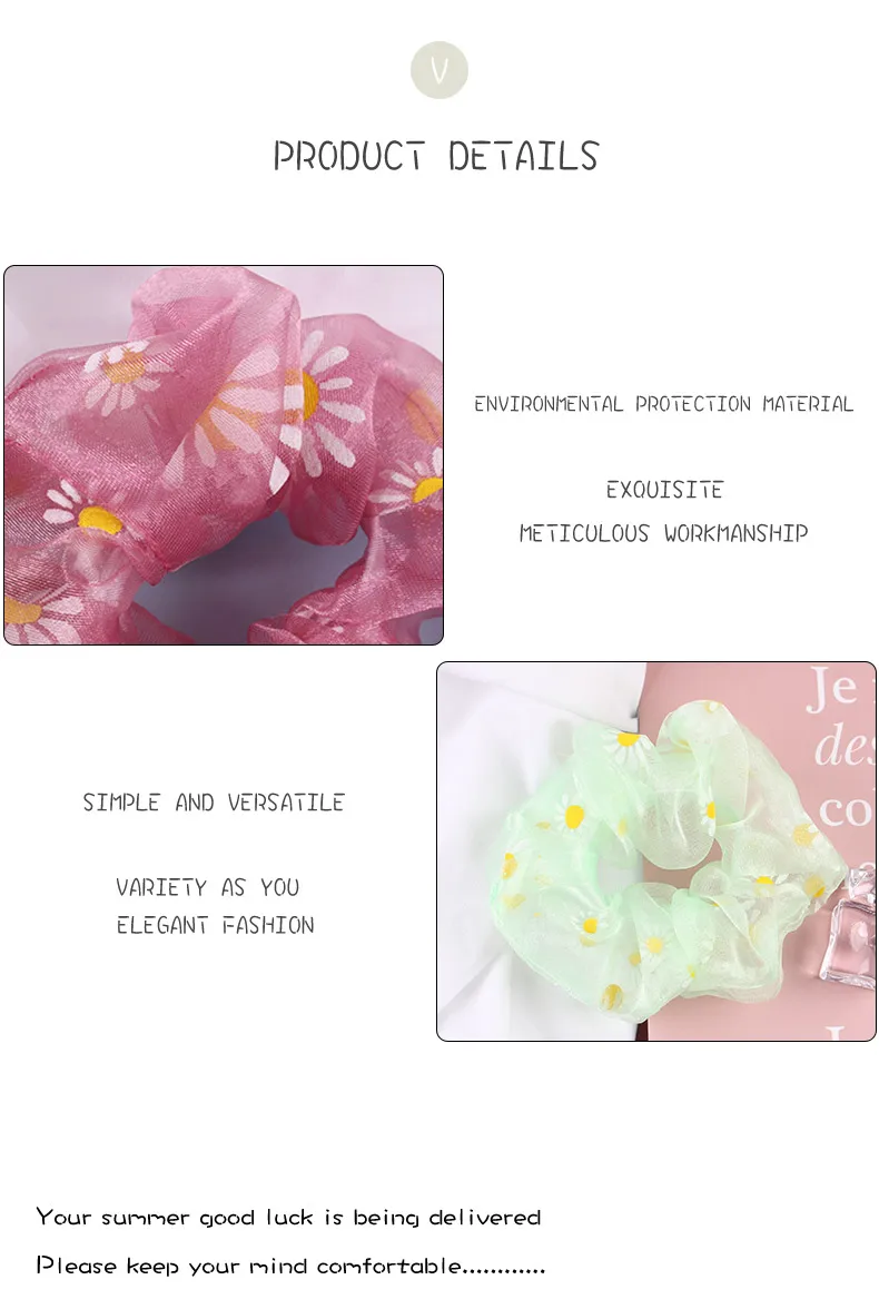 

Bestmay Printing Daisy Flowers Mesh Scrunchies Women Romantic Pink Hair Rope Transparent Tulle Organza Hair Tie Hair Accessories