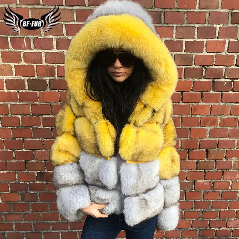 Fashion Patchwork Real Fox Fur Coat With Hood Natural Wholeskin Genuine Blue Fox Fur Jacket For Women Winter Outwear Fur Coats
