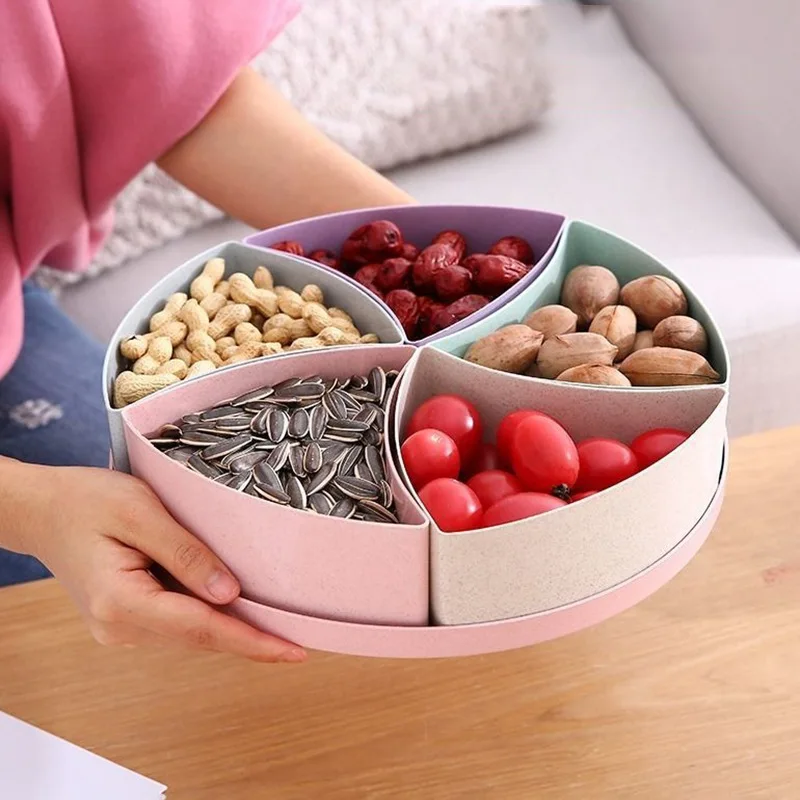 

Wheat straw fruit tray multi-grid candy box with lid dried fruit box fruit tray living room coffee table snack tray round 5