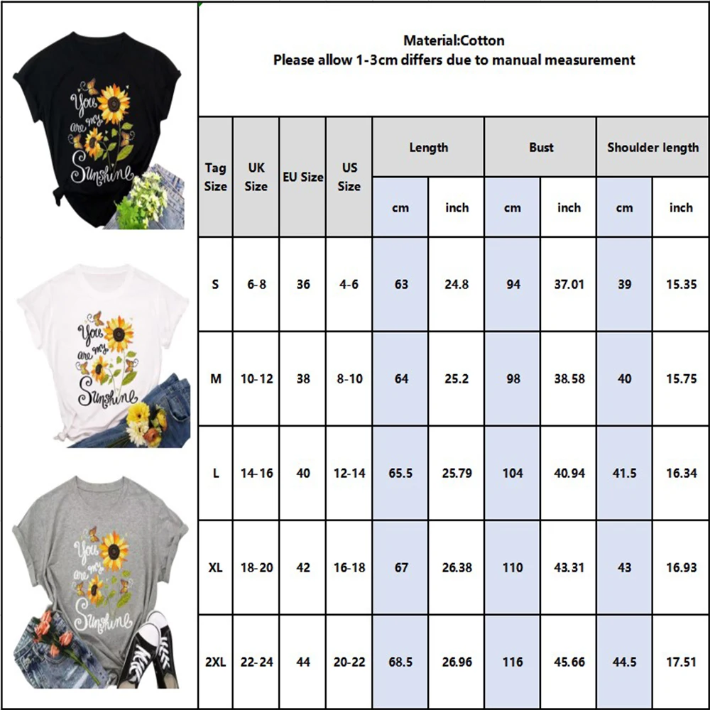 

Women's Cotton Sunflower Print Round Neck T-shirts Ladies Fashion Short Sleeves All-match Streetwear Female Summer Tees D30