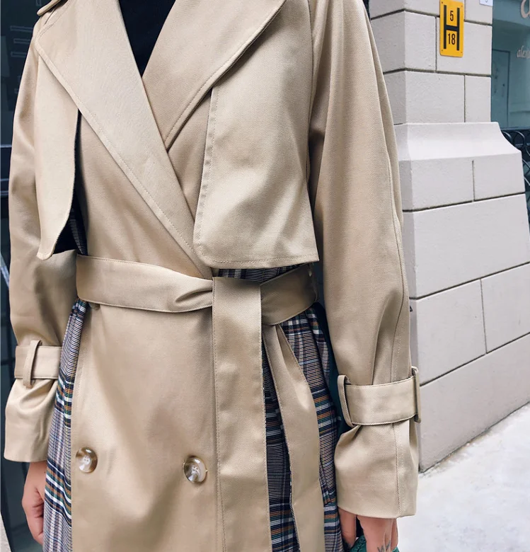 2019 осенний хаки клетчатый лоскутный плащ женская уличная длинная куртка