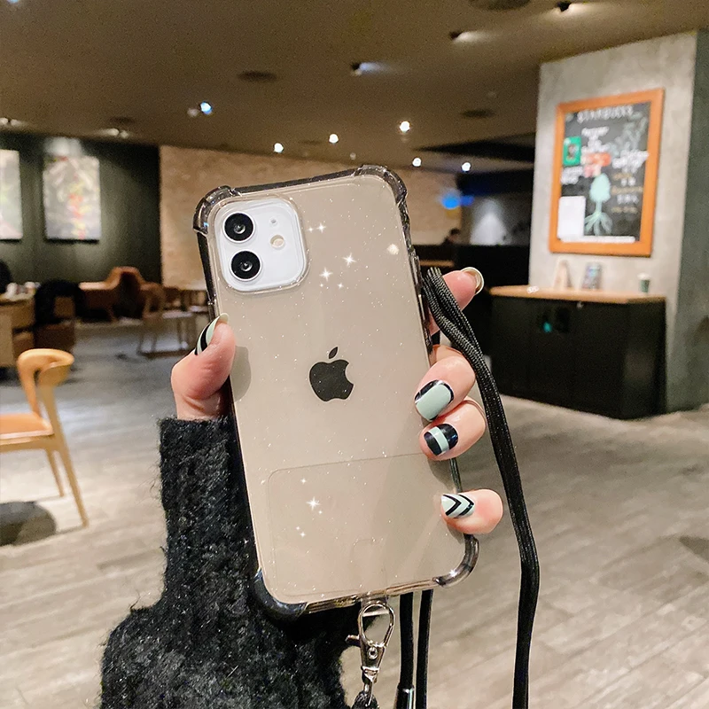 

Crossbody Necklace Cord Lanyards Rope Phone Case For iPhone 12 Pro Max Mini 11 X XR XS SE 6S 7 8 Plus Glitter Transparent Cover