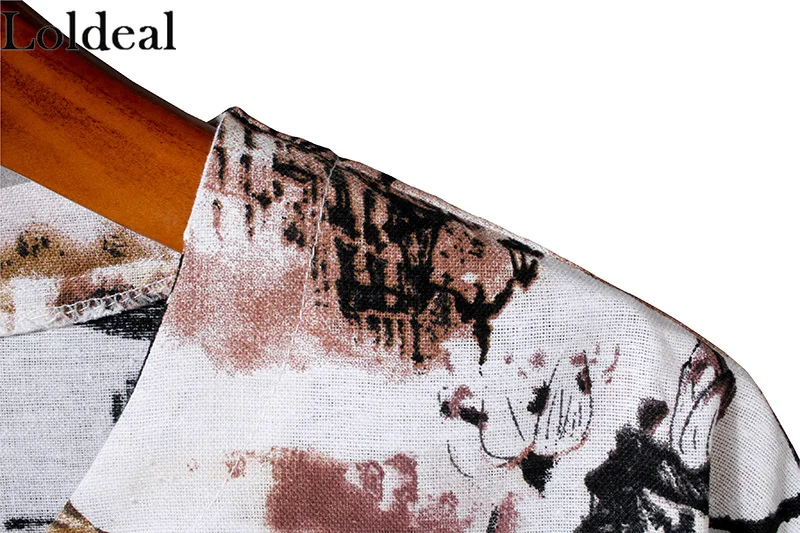 

Loldeal Men Short-sleeved T-shirt V-neck Cotton and Linen Comfortable Printing Casual Chinese Style