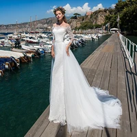 uzn elegant wedding dress mermaid off the shoulder long sleeves lace bridal dress with detachable skirt brides dress with belt