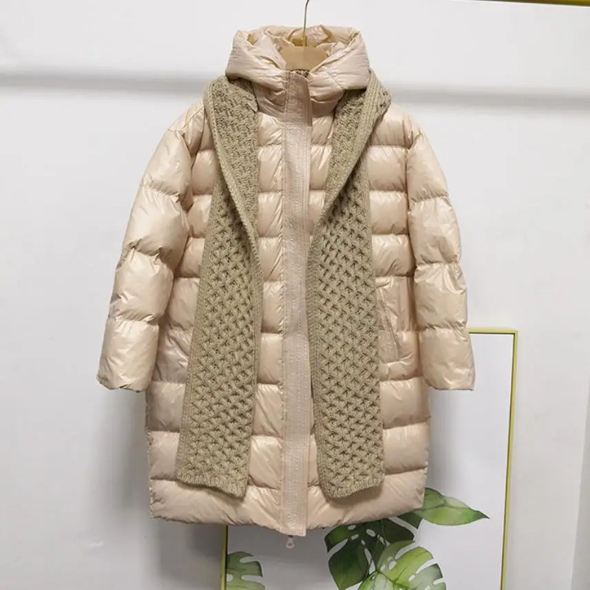 

Knit scarf stitching Soft down coats Winter fashion Warm white duck down coat female was thin thick Down Warm Jacket Parkas F801