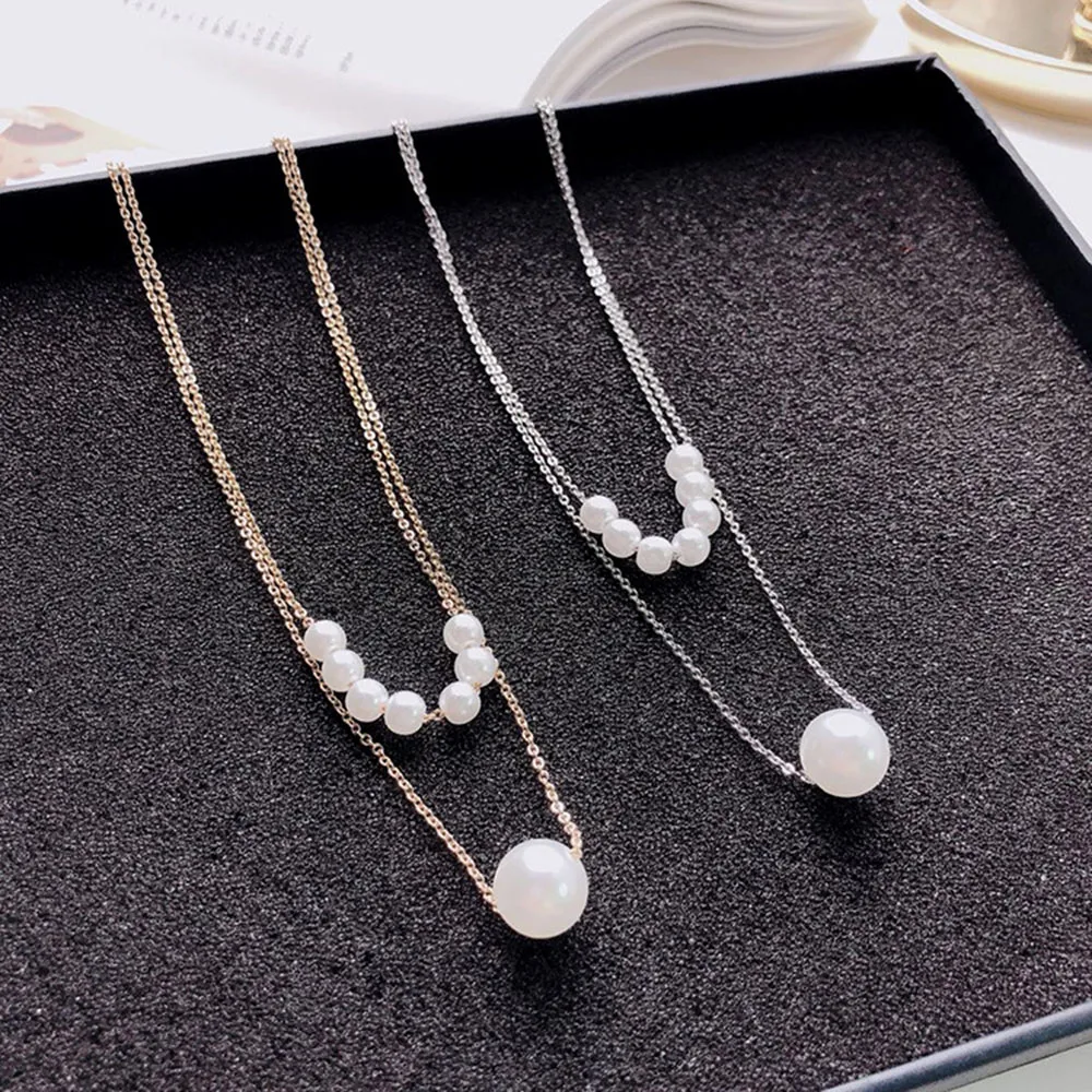 Простое и милое Двухслойное ожерелье на цепочке до ключиц с имитацией жемчуга