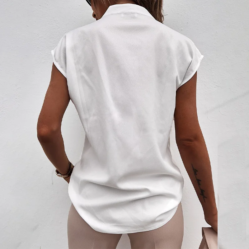 

All-Match Office Lady Polyester V-Neck Sleeveless Tops Solid Color Elegant All-Match Retro Women Summer Female Blouse Slim