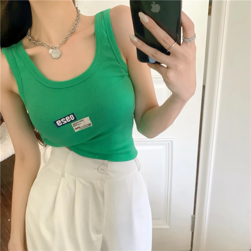 

GGRIGHT 2021 Summer Brown O Neck Sleeveless Crop Top Women White Off Shoulder Basic T Shirts Y2K Casual Sexy Green Tank Tops
