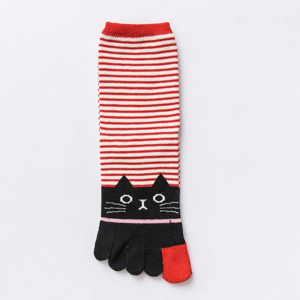

Fashion Women Cute Cat Print Striped Patchwork Toe Socks Women Men Cotton Five Finger Socks Breathable Girls Soft Short Socks