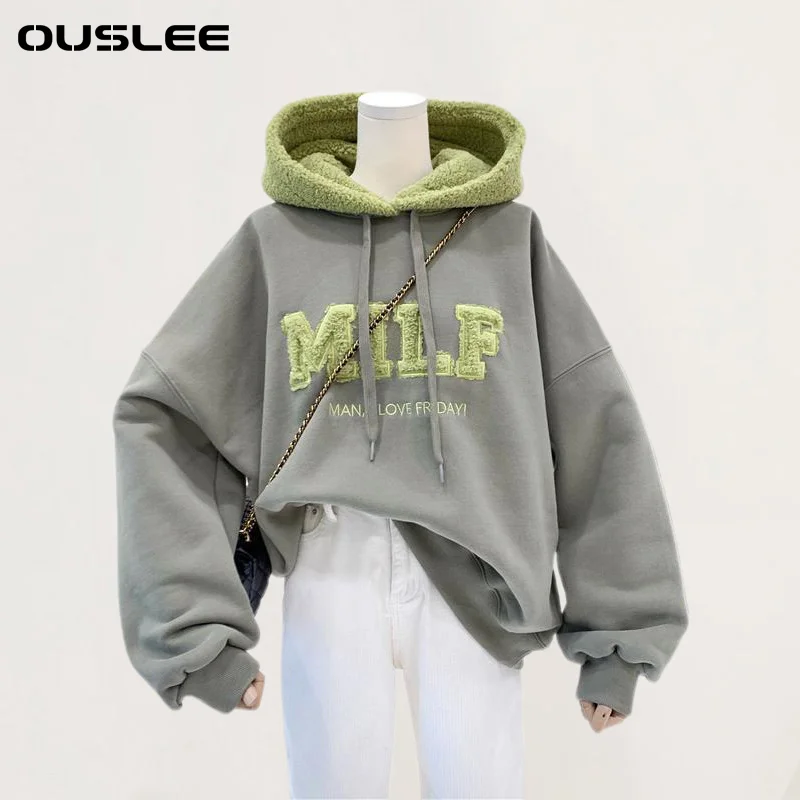

FAKUNTN Fashion Patchwork Oversize Sweatshirt Women Winter Casual Loose Cotton Thick Letter Long Sleeve Hoodies Female