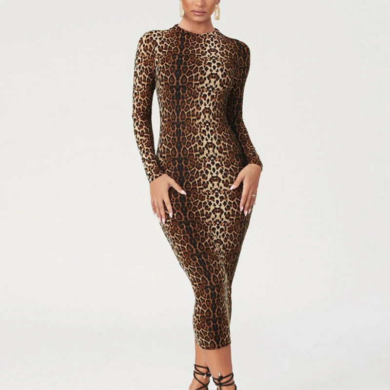 Сексуальное платье новинка 2019 Осень зима Леопардовый принт длинный рукав