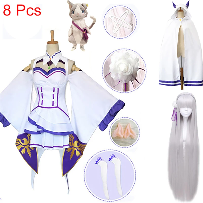 Платье Emilia комплекты Re Zero Косплэй парик Для женщин платье Эмилия костюм аниме