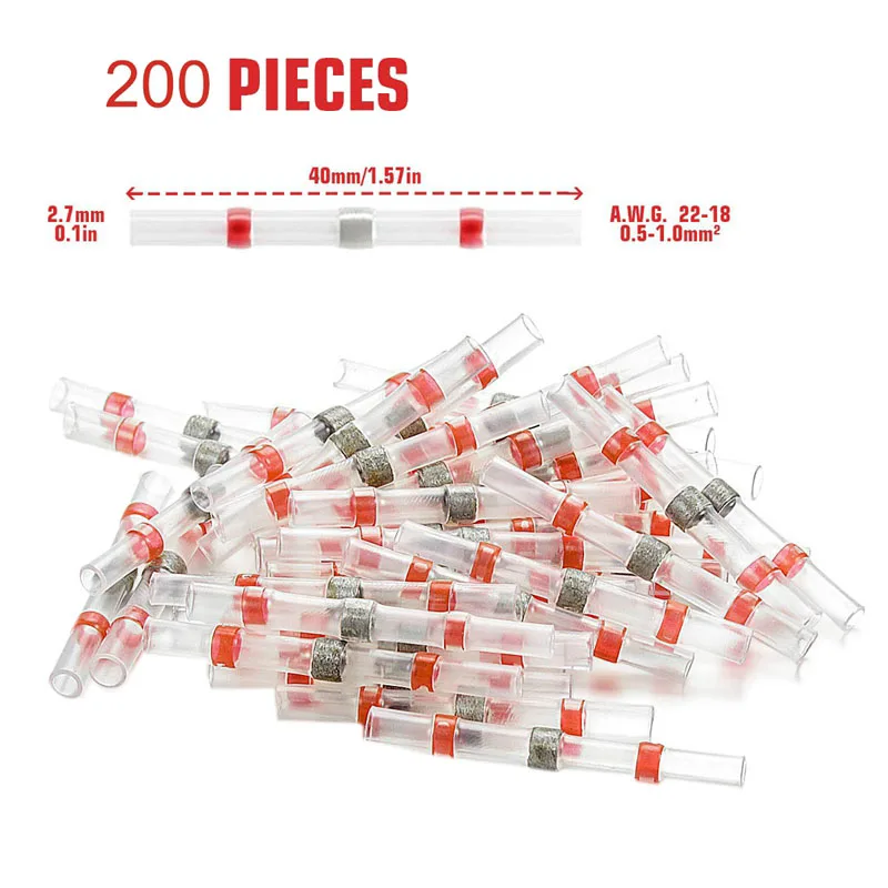 200 шт AWG 22 18 Красный паяльник уплотнение провода разъемы термоусадочные стыковые