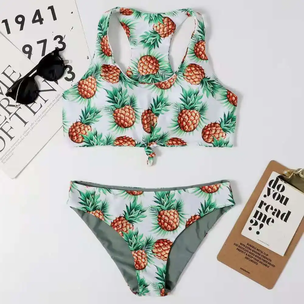 

2021 Swimsuit Pineapple Print Wide Strap Women's Split Bikini Swimsuit 2 Peice Set Women