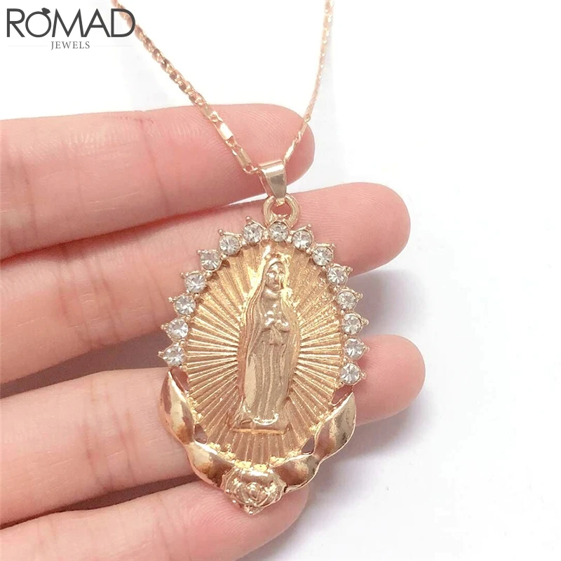 ROMAD винтажное ожерелье для женщин Медальон Дева Мария Колье Золотой Гравировкой