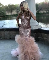 vestido de gala sexy black girls mermaid pink prom dresses 2019 sequined african ruffled train long formal evening party gowns
