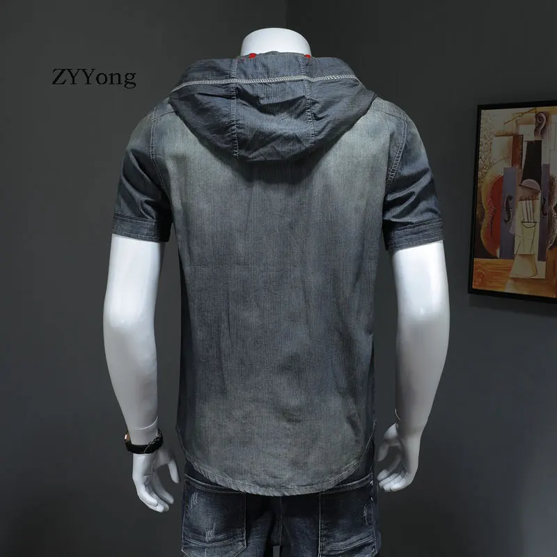 Summer European Style Cotton Hooded Bomber Short Sleeve Blue Thin Denim Shirt Men Jean Coat Streetwear Fashion Cowboy Clothing