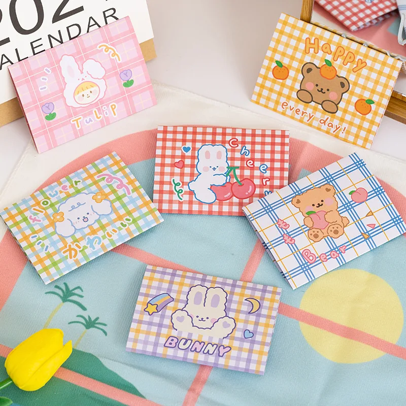 

Cartoon Grid Bear Bunny Envelop Best Wishes Foldable Message Notepad Birthday Blessing Card Greeting Stationery Gift