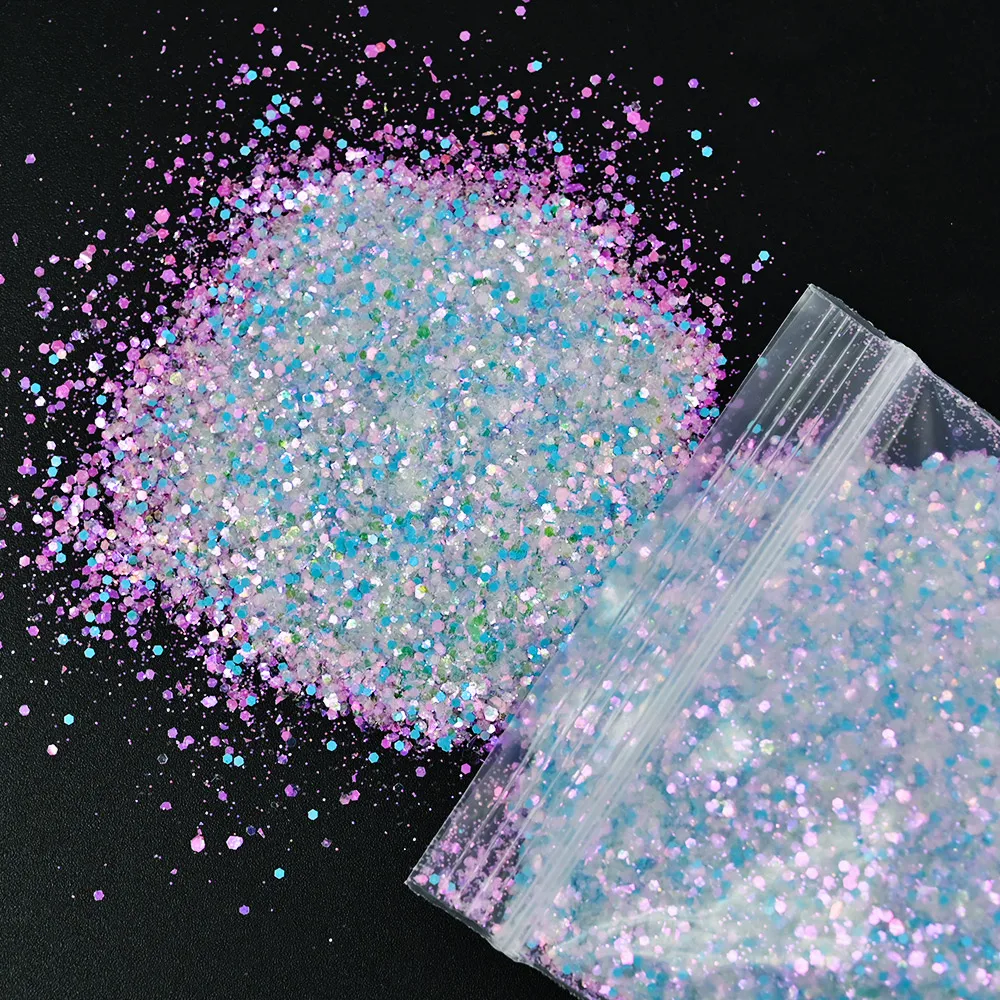 

50g/Pack Nail Art Gradient Iridescent Glitter Sequins Mixed Size Hexagonal Colorful Chunky Symphony Laser Shinning Flakes AS-5D