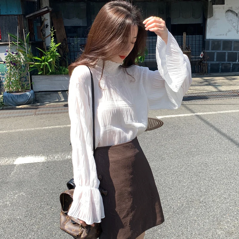 Уличная одежда женская блузка с оборками топы расклешенными рукавами шикарные