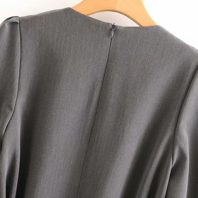 

Retro Round Neck Puff Sleeve Dress Waist Was Thin Chic Cross Strap Design Xiaoxiangfeng Long-sleeved Dress Female