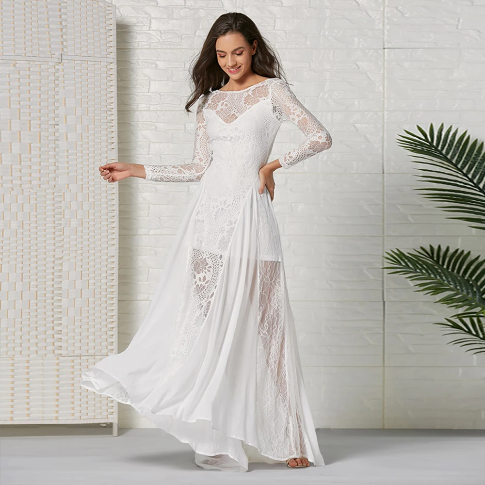 Кружевное свадебное платье с открытой спиной длинным рукавом и вышивкой простое