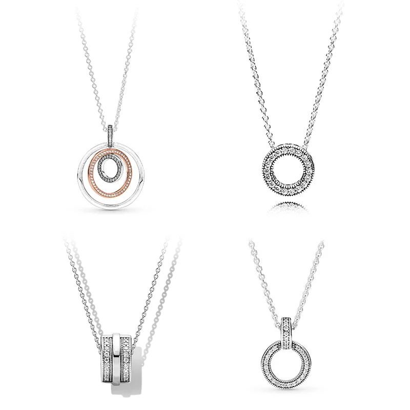 

LR New Trend Pan 925 Sterling Silver Necklace For Women Chain With Double Ring Pendant Wedding Engagement Fine Jewelry Gift