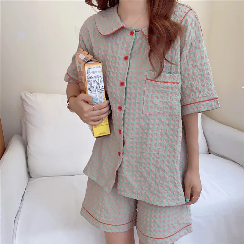 

Harajuku Comfortable Sleepwear All Match Loose Sweet Homewear Summer Geometric New Chic Plaid Women Girls Pajamas Sets