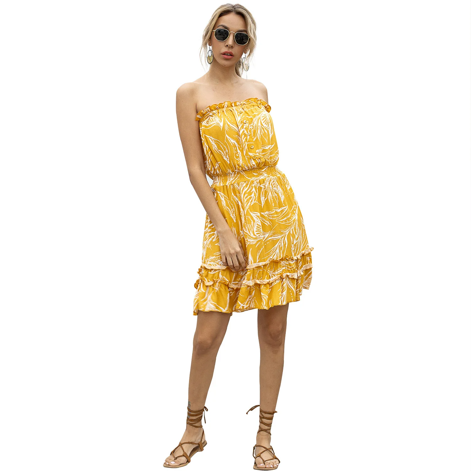 

Women's Chiffon Dress 2021 Summer Women's Boho Elastic Waist Beach Dress Retro Sexy Halter Sleeveless Dress Large Sling Dress