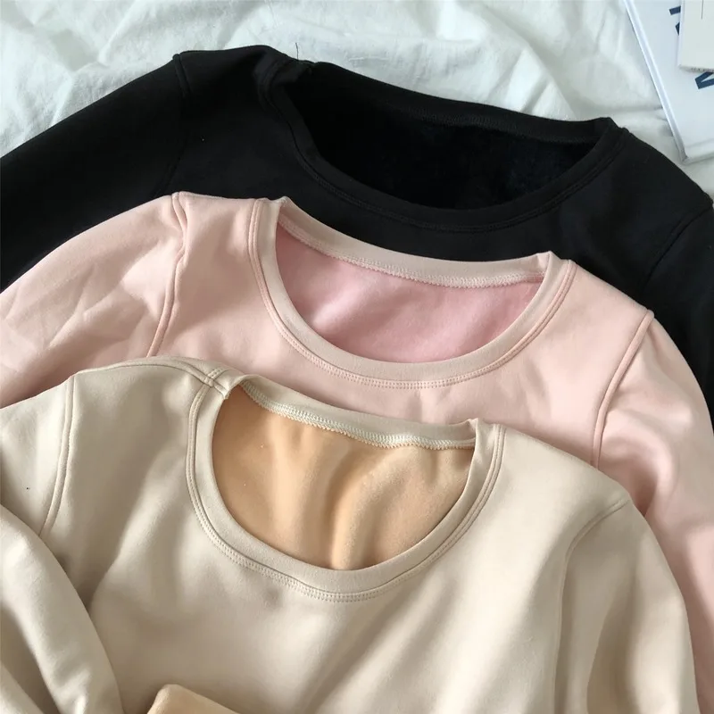 

Women Thermal Underwear Tops Solid Plus Velvet Thicker Elasticity Stretchy O-neck Slim Fit Warm Female Soft Korean Style Simple