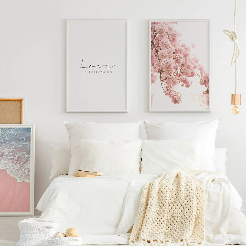 

Scandinavian Style Poster Sea Beach Decorative Picture Pink Flower Wall Art for Living Room Nordic Decoration Home Decor